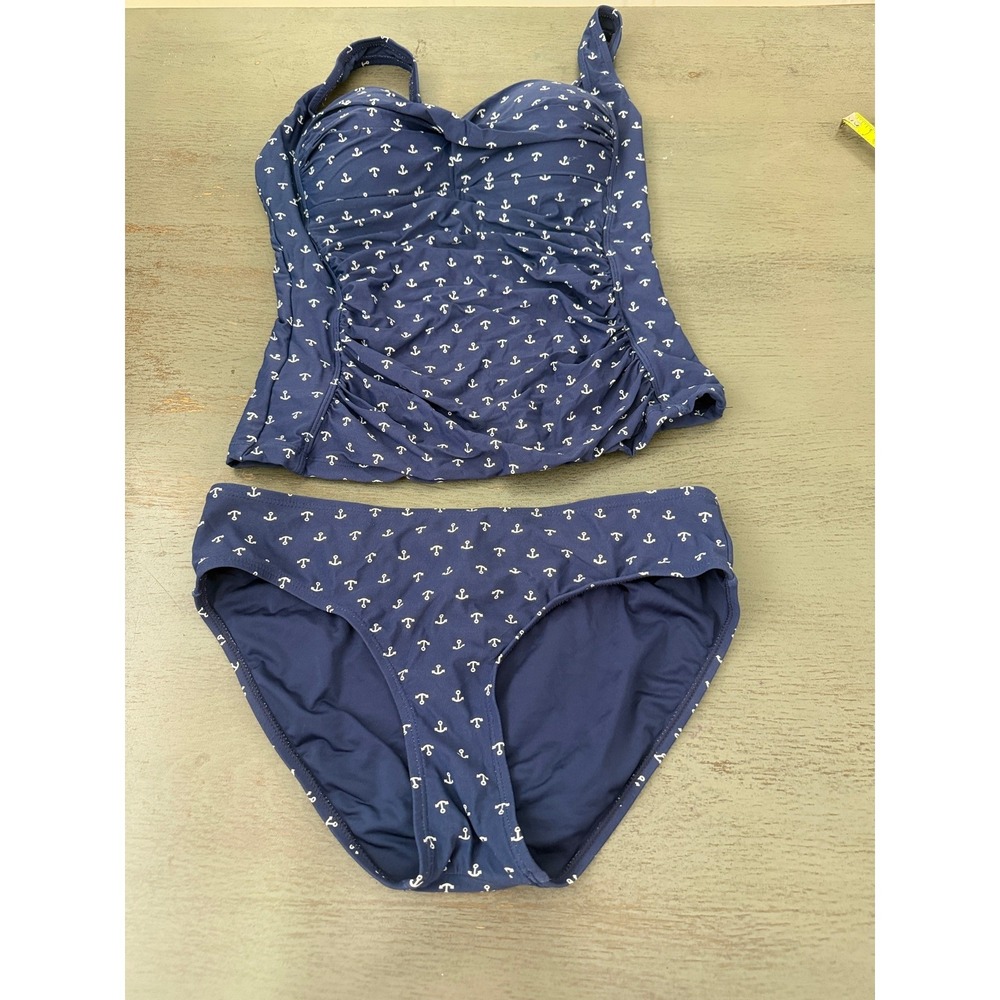 Nip Tuck Swim Navy Blue Anchor Nautical Tankini Set Size US 8 Ruched Twist Front